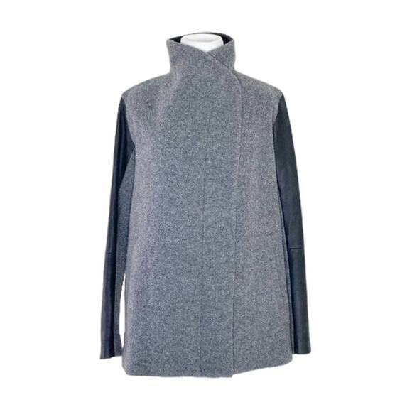 Theory Naomo Goat Leather-Sleeve Cashmere Virgin Wool Jacket Coat Grey Size P/S - Picture 4 of 7